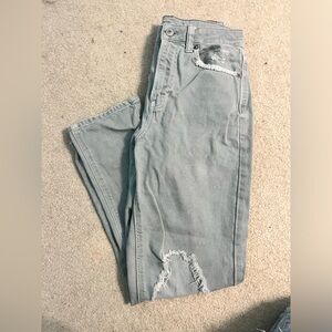 American Eagle Mom Straight Mint Green High Waisted Jeans Distressed